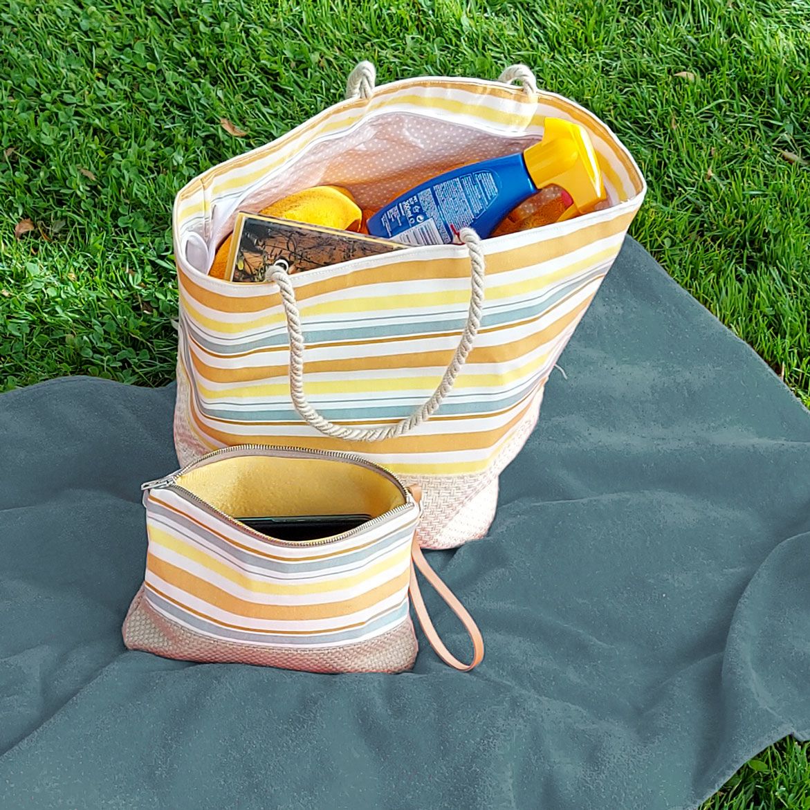 Conjunto de capazo de verano de rayas amarillas y naranjas con cartera de mano a juego