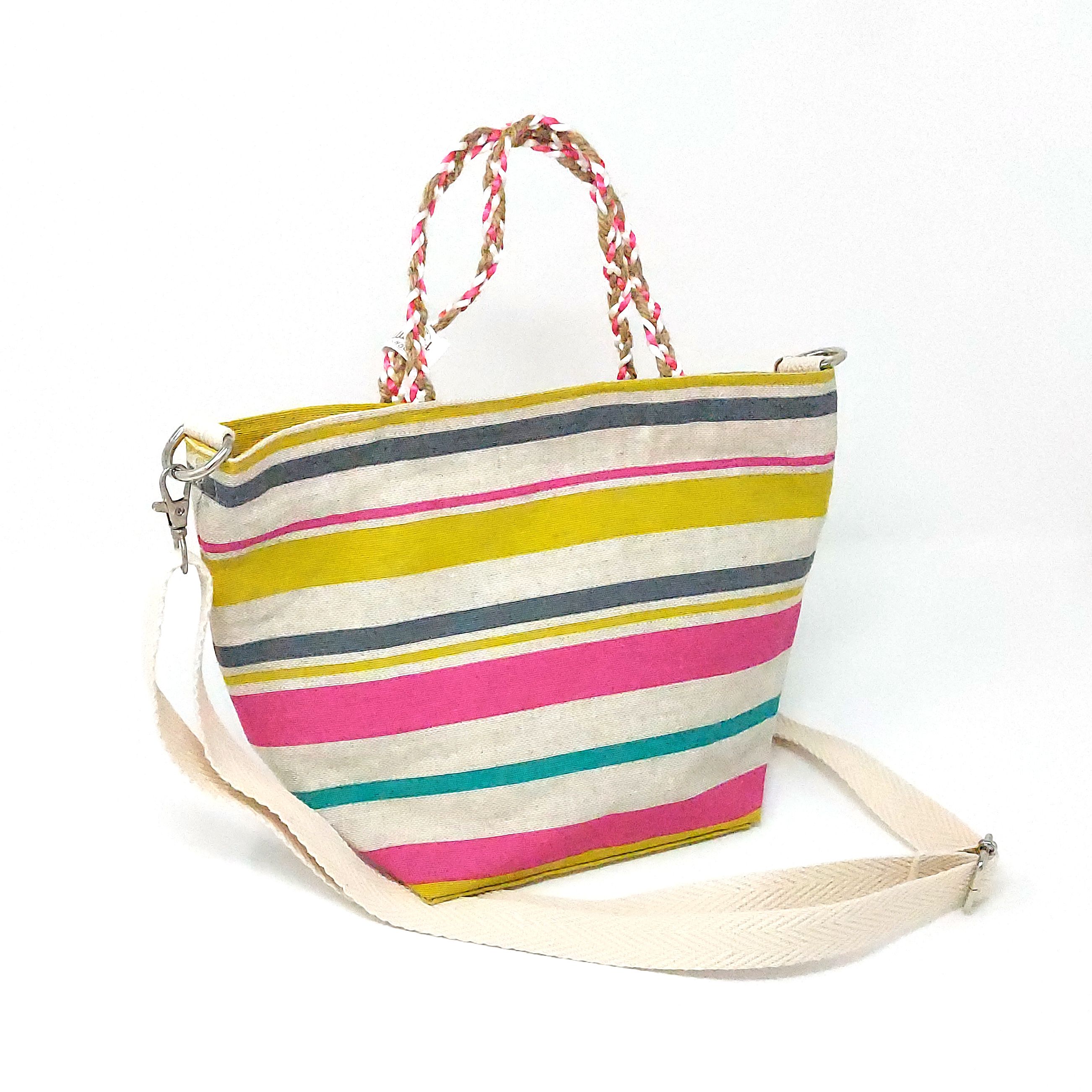 Bolso de playa pequeño con rayas en color mostaza, fucsia y gris