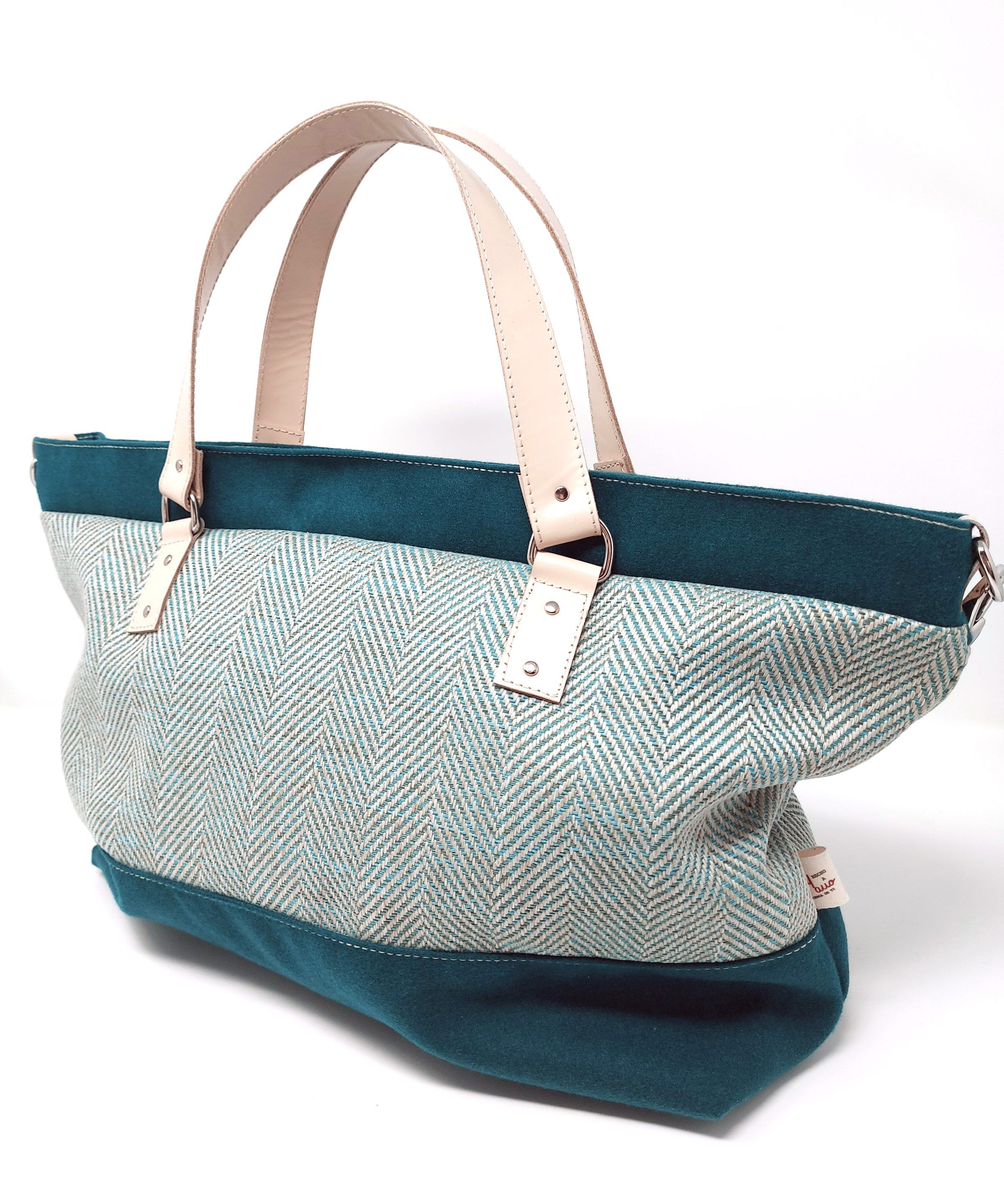 Bolso shopper verde con estampado en espiga y asas de mano de piel