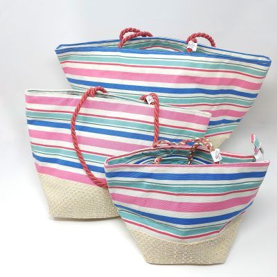 Bolsos de playa de loneta con rayas rosas y azules en tre tamaños